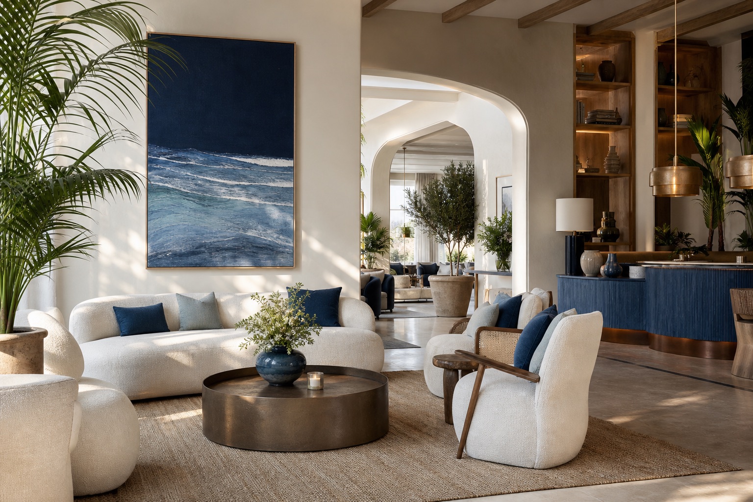 Boutique hospitality lounge with blue accents
