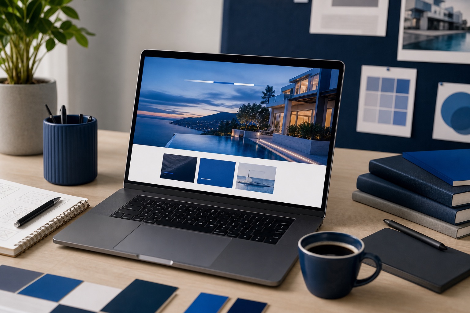Premium design studio desk with hospitality website on a laptop