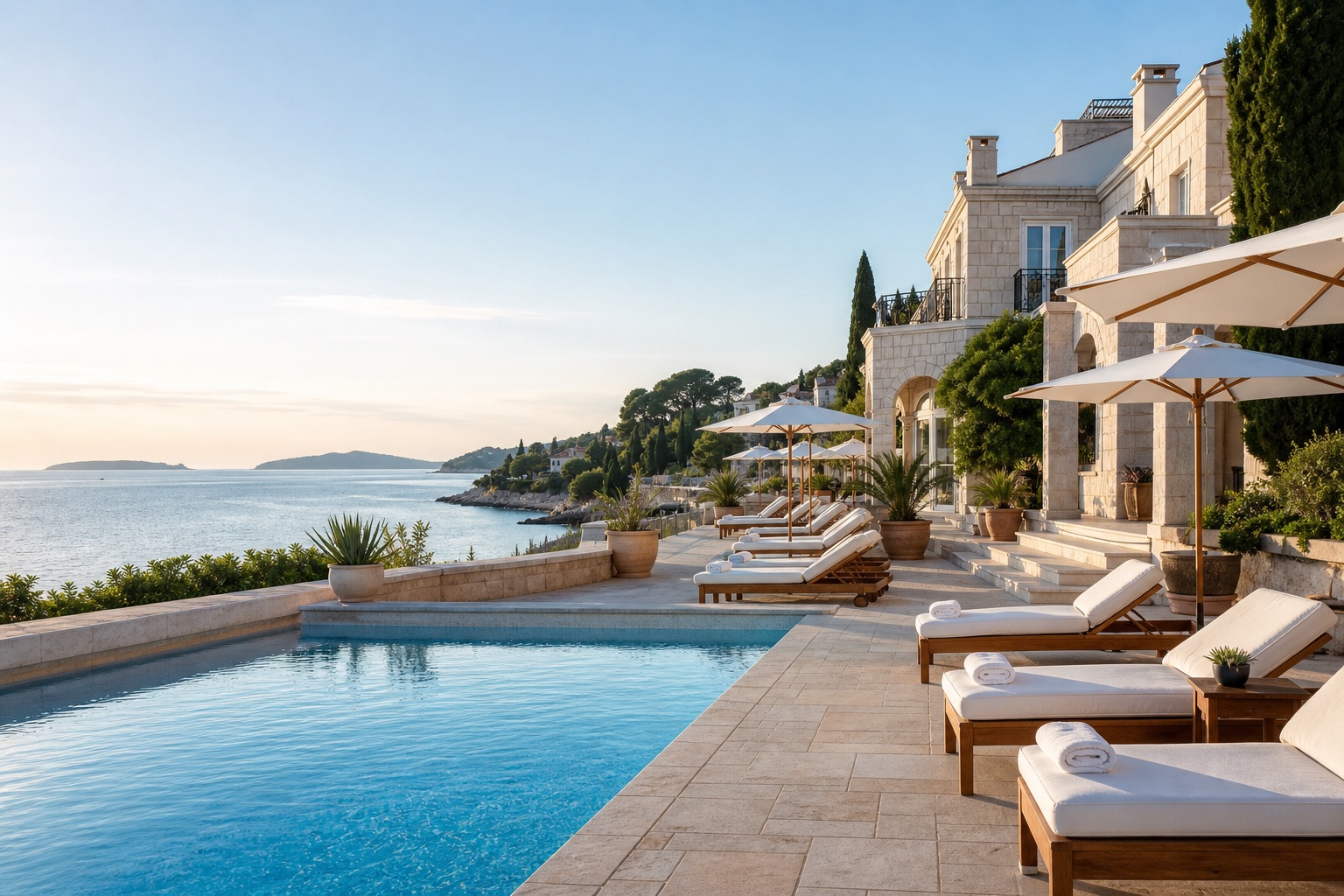 Luxury seaside hotel terrace with pool